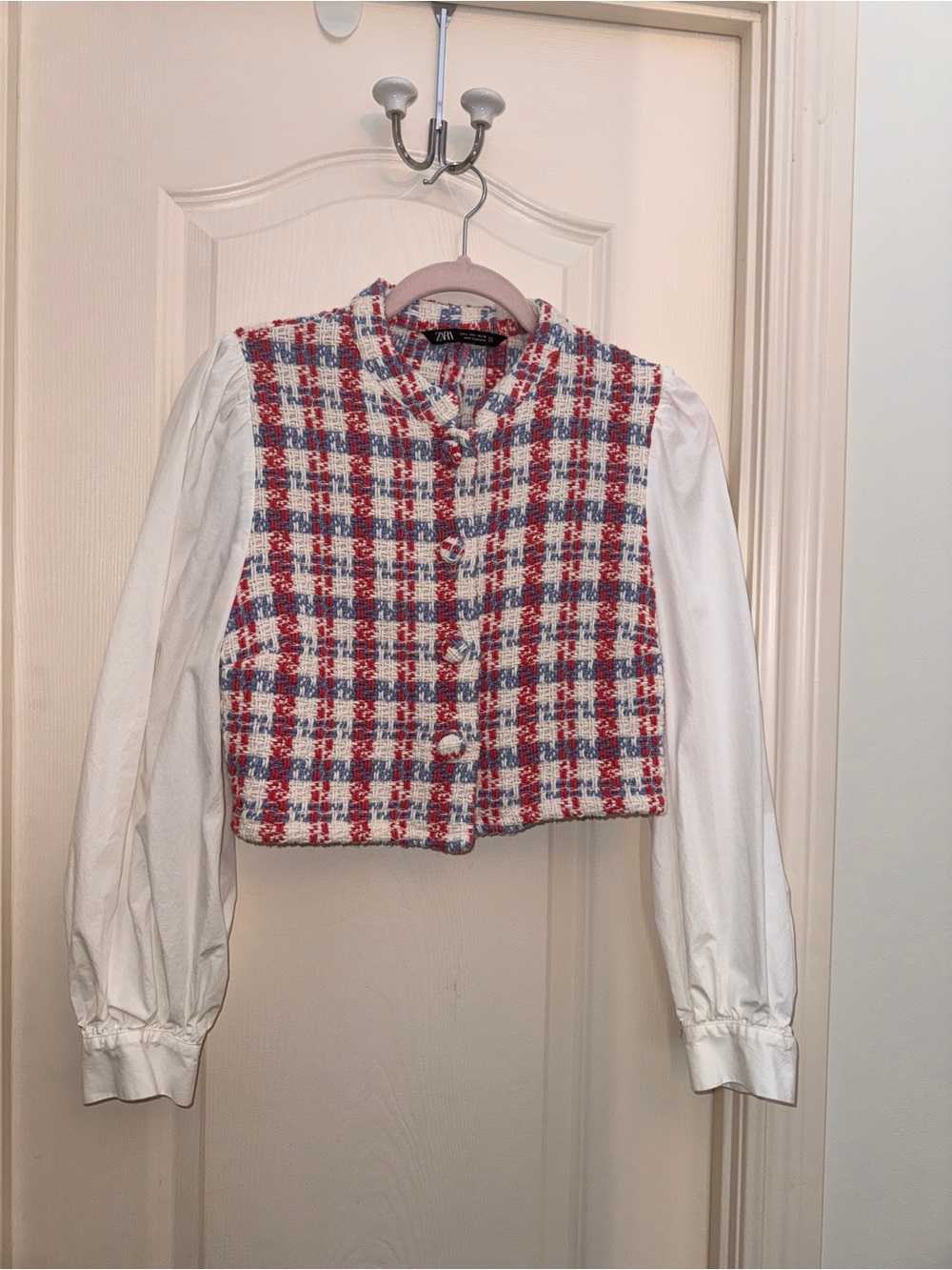 Zara White Sleeve Tweed Cropped Jacket with Red & Blue Plaid